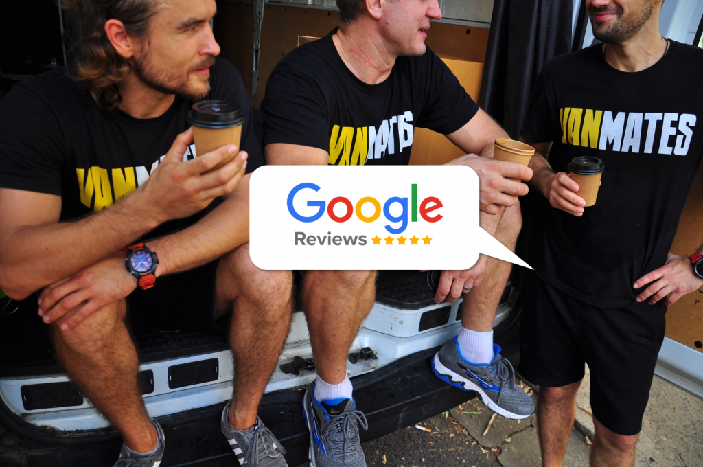 Removalists drinking coffee and talking about Google reviews
